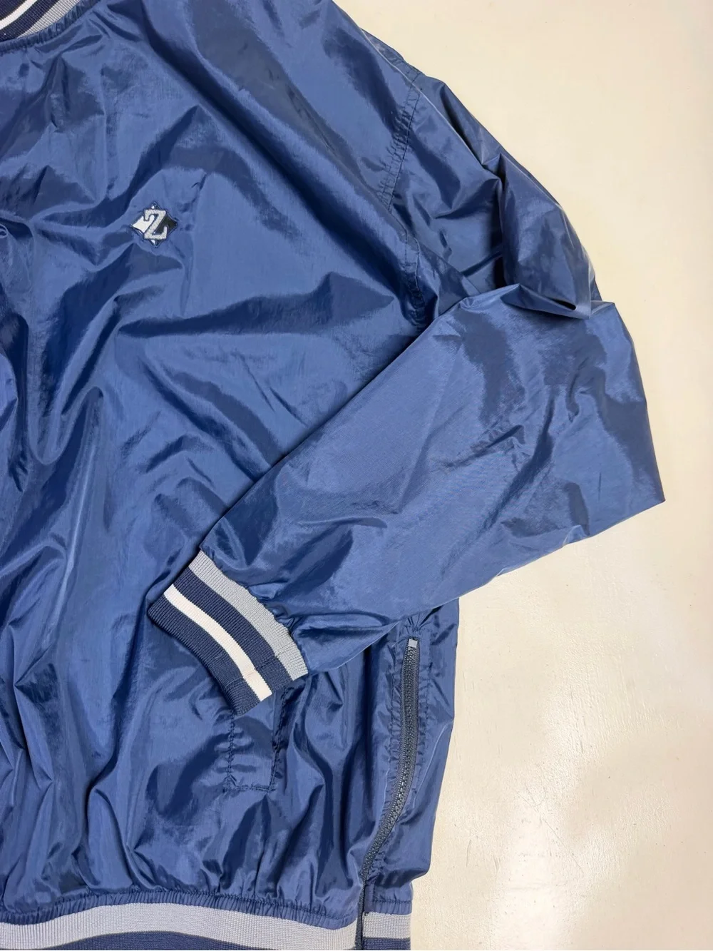 Jerzees Windbreaker Pullover Men Large Navy 90s Collegiate Striped Trim V-Neck